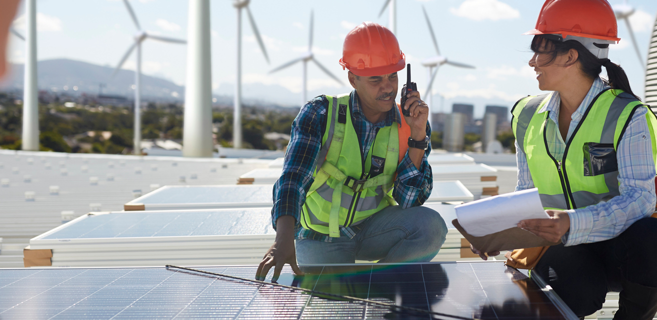 People in hi-vis looking at solar panels