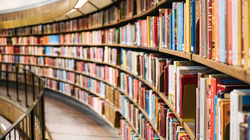 Stocked book shelves inside a public library