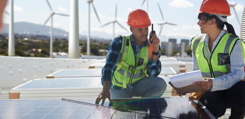 People in hi-vis looking at solar panels